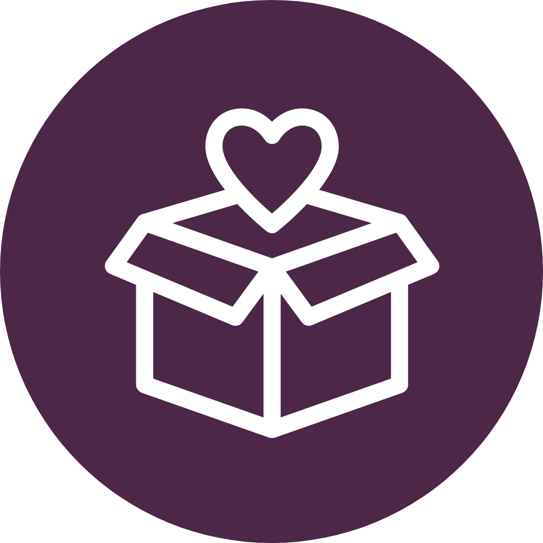 Icon of a purple circle with an open white box and a heart.